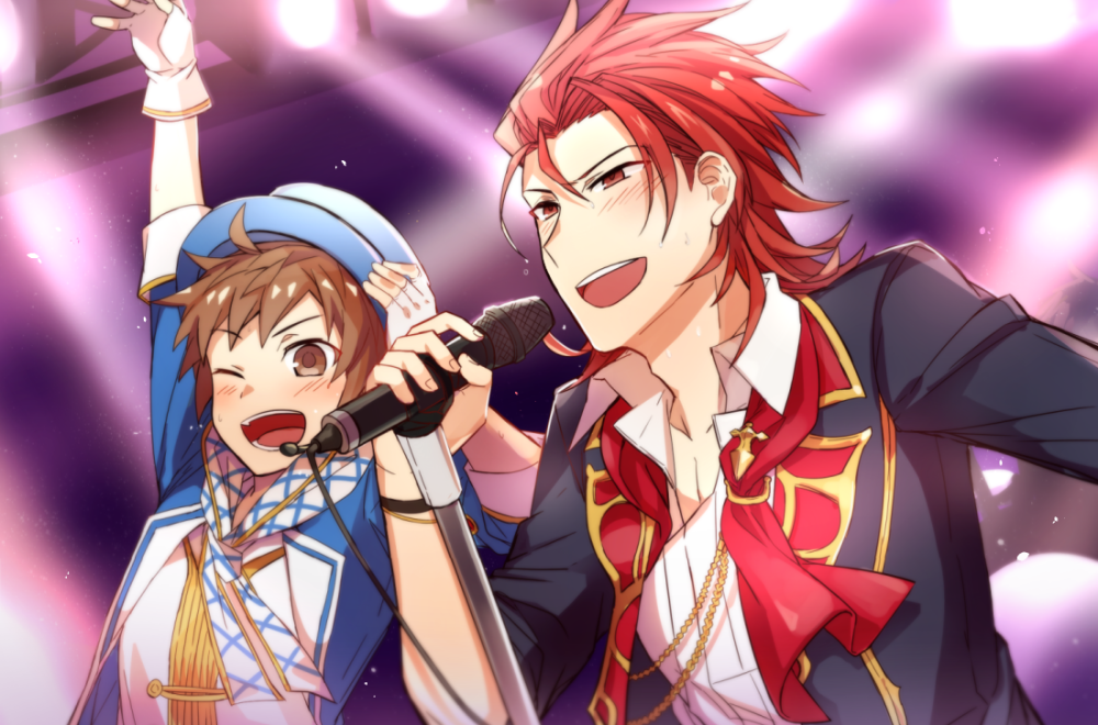 10s 2boys :d ;) alternate_costume arm_up blush brown_eyes collarbone gran_(granblue_fantasy) granblue_fantasy hair_slicked_back idol jacket kimi_to_boku_no_mirai long_sleeves male_focus microphone multiple_boys one_eye_closed open_clothes open_jacket open_mouth percival_(granblue_fantasy) red_eyes red_hair smile stage_lights the_dragon_knights upper_body wa_ga_ne