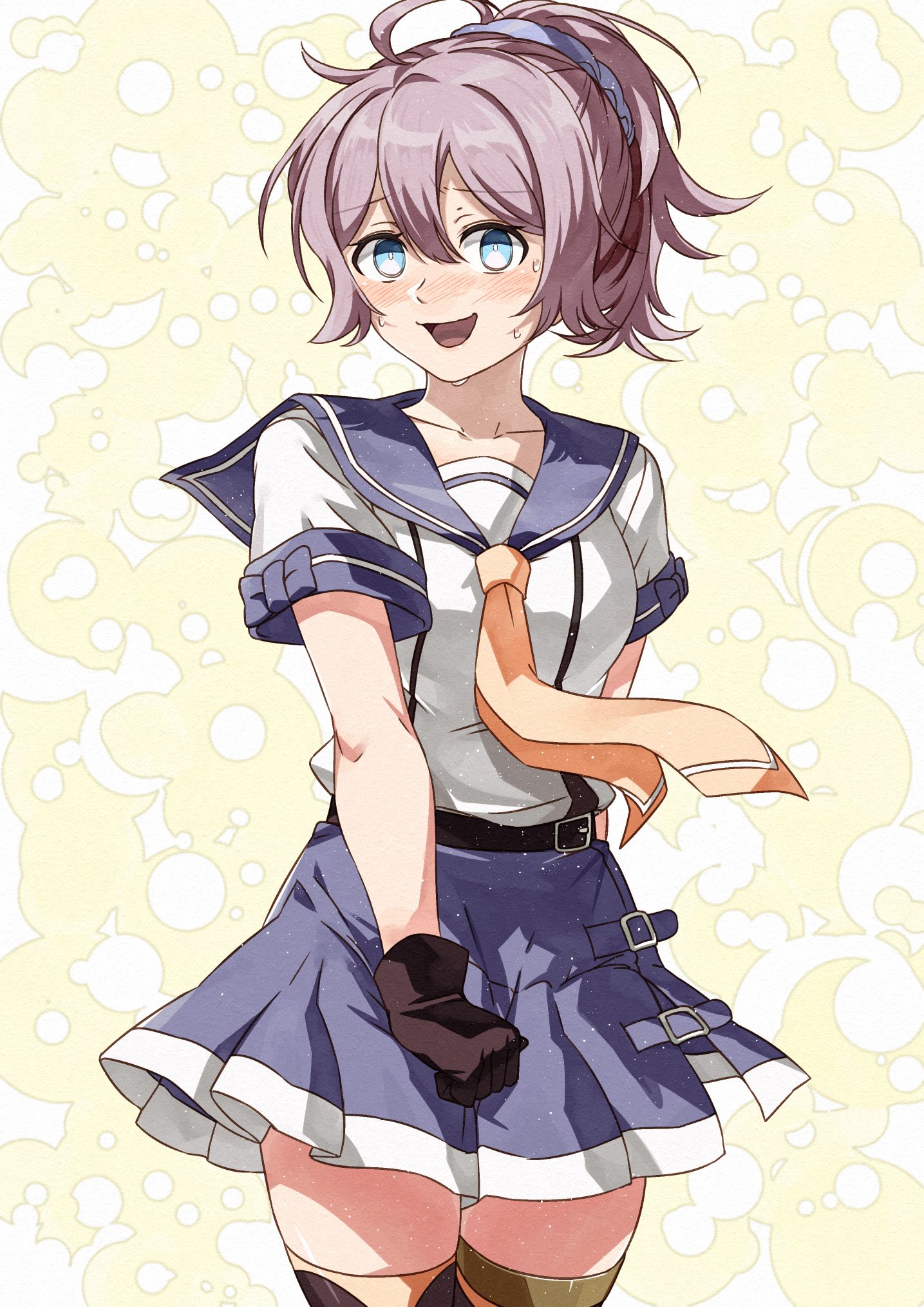 1girl aoba_(kancolle) blue_sailor_collar blush breasts commentary cosplay cowboy_shot embarrassed hair_ornament hair_scrunchie highres kanmiya_shinobu kantai_collection kinugasa_(kancolle) kinugasa_(kancolle)_(cosplay) looking_at_viewer medium_breasts neckerchief open_mouth ponytail purple_sailor_collar sailor_collar school_uniform scrunchie serafuku shirt short_hair short_ponytail solo white_shirt yellow_neckerchief