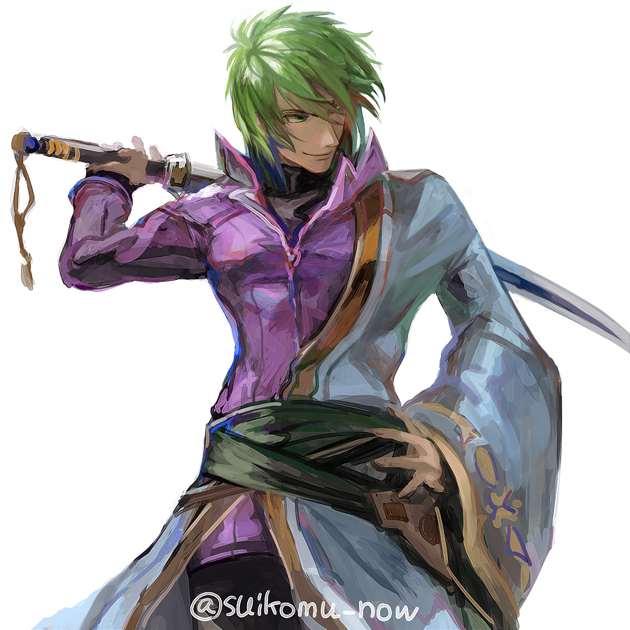 1boy arm_out_of_sleeve fire_emblem fire_emblem:_path_of_radiance gear_senshi_dendou green_eyes green_hair holding holding_sword holding_weapon jacket male_focus nintendo purple_jacket solo stefan_(fire_emblem) suikomu_now sword weapon