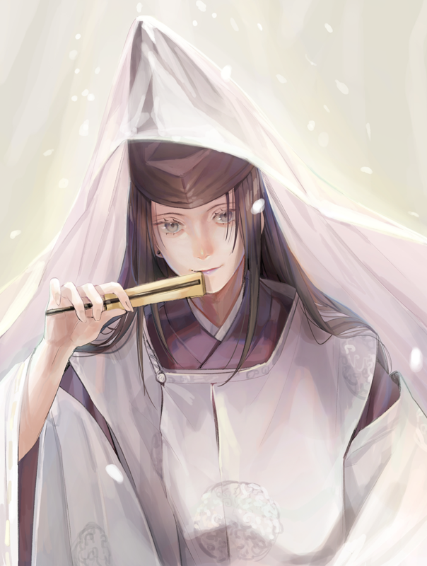 1boy aegyo_sal bishounen black_hair closed_mouth earrings folding_fan fujiwara_no_sai grey_eyes hand_fan hat hikaru_no_go holding holding_fan japanese_clothes jewelry kariginu kimono long_hair long_sleeves looking_at_viewer male_focus mizutame_tori purple_kimono smile solo tate_eboshi upper_body veil white_background white_veil wide_sleeves