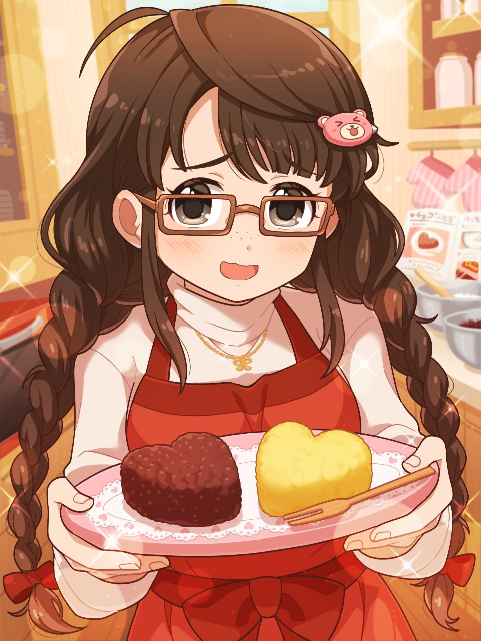1girl ahoge aopanda apron asymmetrical_bangs bear_hair_ornament blunt_bangs book bow bowl braid brown-framed_eyewear brown_eyes brown_hair cabinet cake counter eyelashes food freckles furrowed_brow glasses hair_bow hair_ornament highres holding holding_cake holding_food idolmaster idolmaster_cinderella_girls idolmaster_cinderella_girls_starlight_stage jar jewelry kitchen light_blush long_hair long_sleeves looking_at_viewer multiple_hair_bows necklace okuyama_saori open_book open_mouth oven oven_mitts rectangular_eyewear red_apron red_bow smile solo sparkle sweater turtleneck turtleneck_sweater twin_braids white_sweater