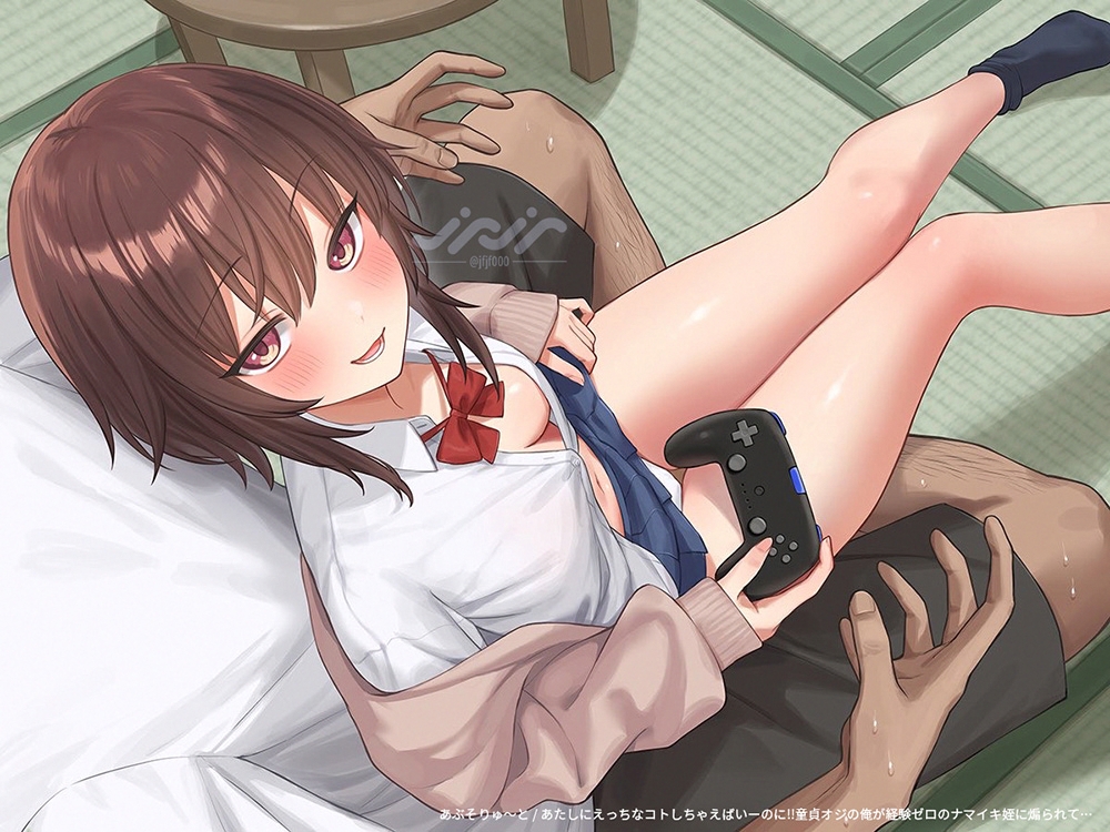 1boy 1girl black_shorts black_socks blush bow bowtie breasts brown_eyes brown_hair brown_sweater clothes_lift controller downblouse female_pervert game_controller holding holding_controller holding_game_controller indian_style indoors jfjf jitome legs long_sleeves looking_at_viewer medium_breasts navel no_bra open_clothes open_shirt original panties pantyshot pervert pleated_skirt red_bow red_bowtie school_uniform shirt short_hair shorts sitting sitting_on_lap sitting_on_person skirt skirt_lift sleeves_past_wrists socks sweat sweater table thigh_gap unbuttoned unbuttoned_shirt underwear white_panties white_shirt