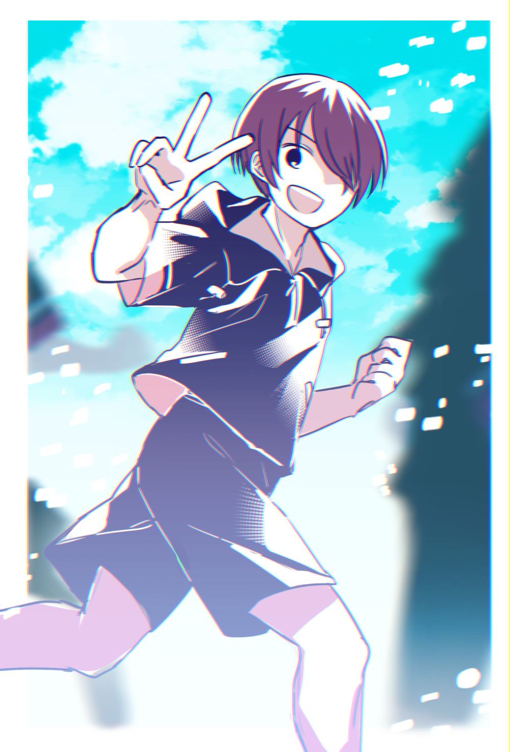 1boy :d black_eyes blue_sky blurry blurry_background border chromatic_aberration clenched_hand cloud cloudy_sky collared_shirt drawstring feet_out_of_frame floating_clothes from_side hair_over_one_eye halftone hand_up highres kamio_akira katsuragi_atori light_particles looking_at_viewer male_focus open_mouth outside_border pale_skin parted_bangs red_hair running shirt short_hair short_sleeves shorts sky smile solo teeth tennis_no_ouji-sama two-sided_fabric upper_teeth_only v white_border