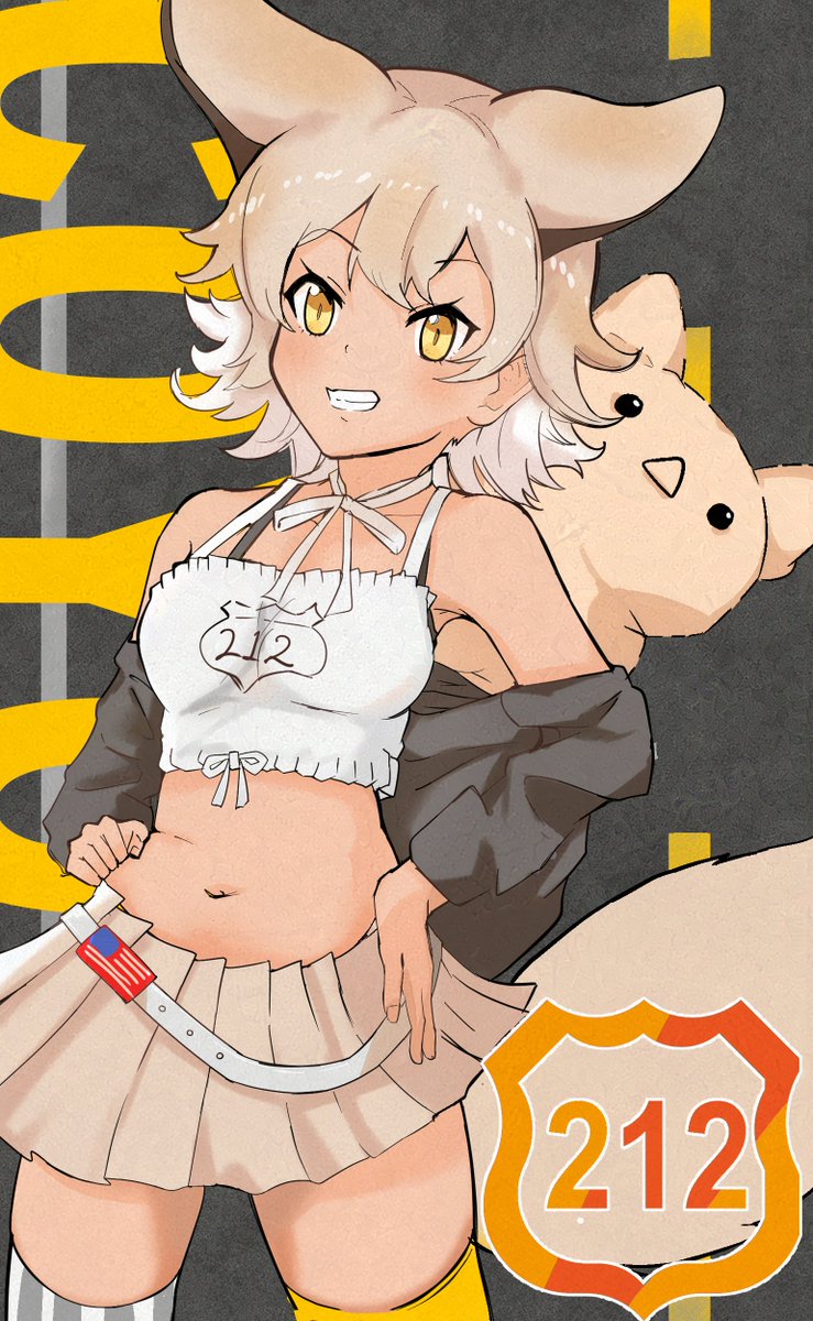 1girl animal_ears bare_shoulders belt blonde_hair camisole coyopotato coyote_(kemono_friends) extra_ears highres jacket kemono_friends kemono_friends_v_project llb looking_at_viewer navel short_hair simple_background skirt tail thighhighs virtual_youtuber wolf_ears wolf_girl wolf_tail yellow_eyes