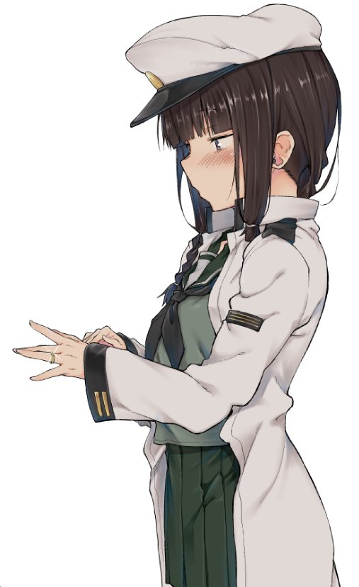 10s 1girl black_eyes black_hair blush braid female_focus green_neckerchief green_sailor_collar green_skirt hat kantai_collection kitakami_(kancolle) long_hair long_sleeves military military_uniform naval_uniform neckerchief peaked_cap pleated_skirt sailor_collar school_uniform serafuku simple_background single_braid skirt solo spirytus_tarou white_background