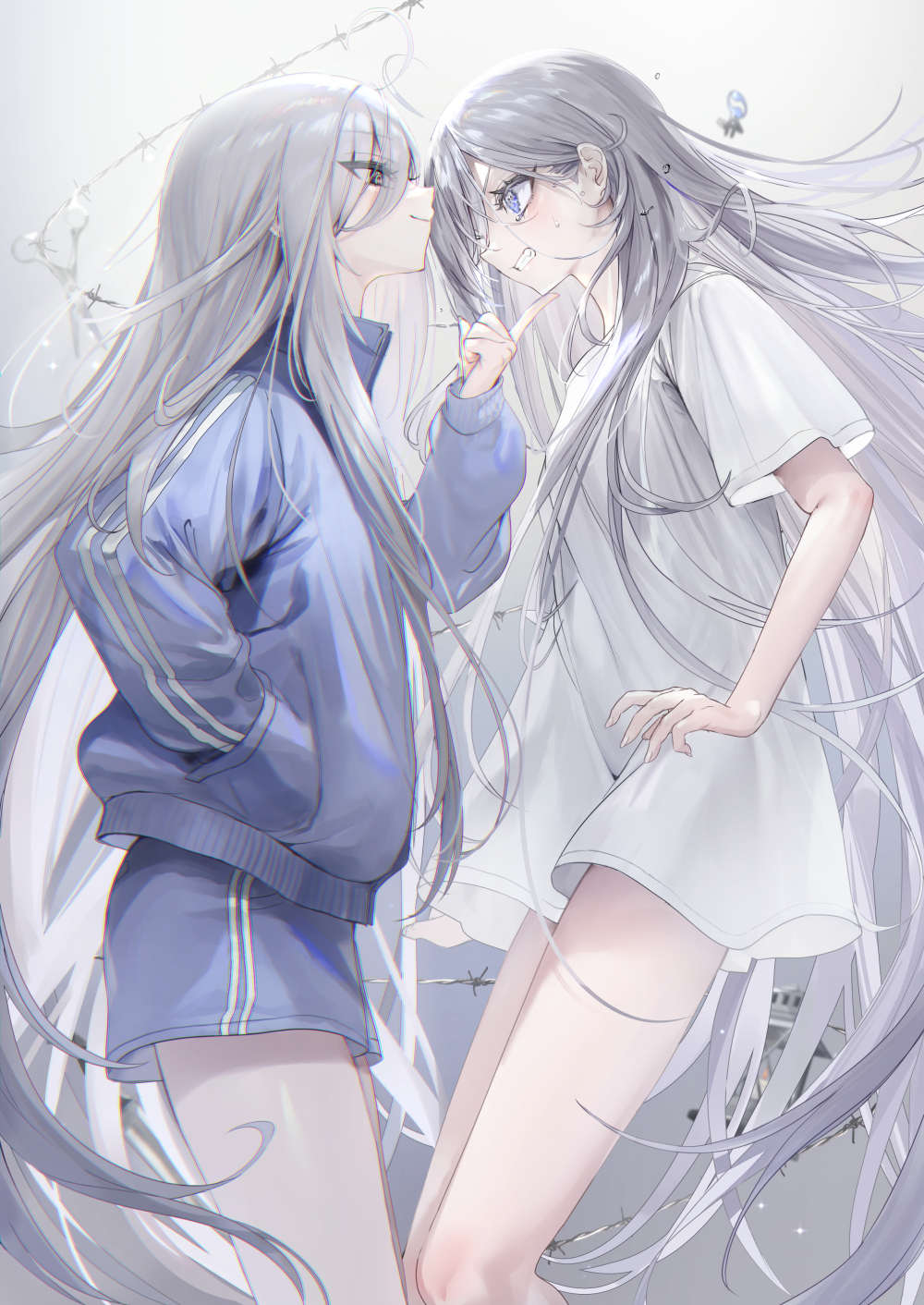 2girls barbed_wire black_eyes blue_eyes clenched_teeth eyes_visible_through_hair grey_hair hand_in_pocket highres jacket long_hair looking_at_another multiple_girls nekometaru red_pupils shibou_yuugi_de_meshi_o_kuu shirt shorts smile t-shirt teeth track_jacket yuuki_(shibou_yuugi)