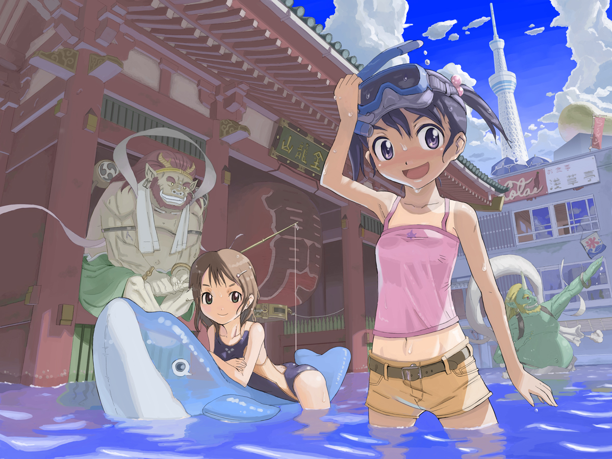2boys 2girls 310 :d architecture bad_id bad_pixiv_id bag belt black_hair brown_hair child cloud coca-cola colored_skin competition_swimsuit day diving_mask diving_mask_on_head drum east_asian_architecture fishing fishing_rod flood fuujin_(mythology) goggles goggles_on_head green_eyes green_skin grin hair_bobbles hair_ornament hairclip happy horns inflatable_dolphin inflatable_toy instrument kooribata midriff monster multiple_boys multiple_girls one-piece_swimsuit one-piece_tan open_mouth original outdoors purple_eyes purple_hair raijin_(mythology) short_hair short_twintails shorts shrine sky smile snorkel swimsuit tan tank_top tanline temple tokyo_(city) twintails vanishing_point wading water wet wet_clothes