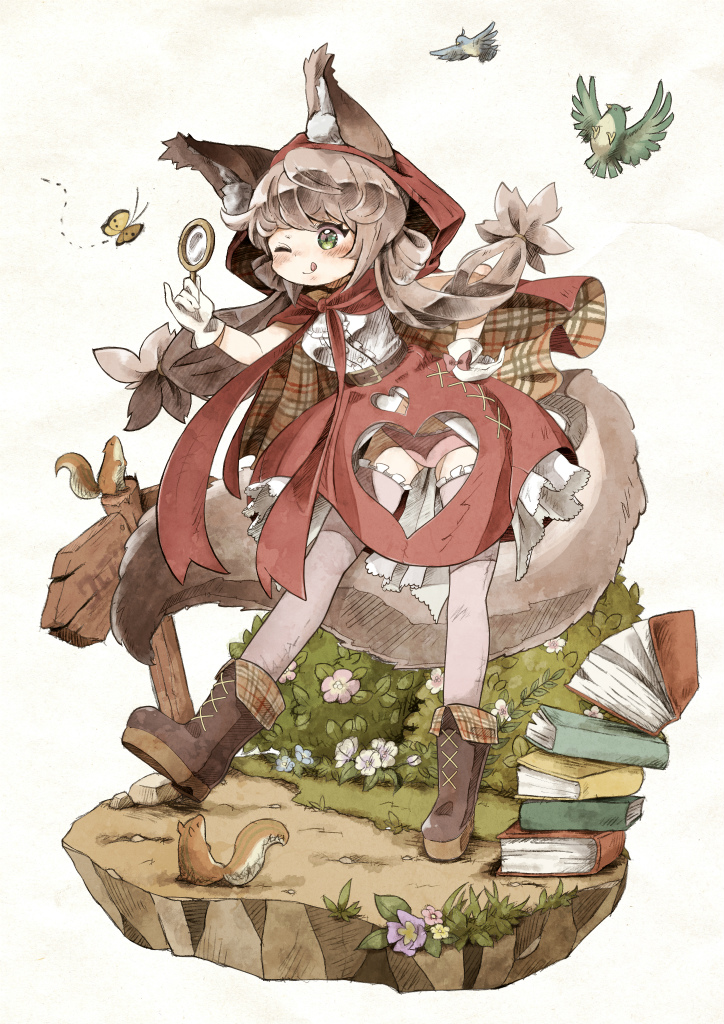 1girl :p ;p animal_ear_fluff animal_ears belt bird blush book book_stack bug bush butterfly chipmunk clothing_cutout day detective frills full_body green_eyes hand_on_own_hip heart_cutout imomushi_(pixiv_9001433) insect little_red_riding_hood_(fairy_tale) little_red_riding_hood_(fairy_tale_character) long_hair magnifying_glass one_eye_closed outdoors panties pink_panties plaid red_hood red_skirt revealing_clothes signpost skirt squirrel standing tail thighhighs tongue tongue_out twintails underwear white_background zettai_ryouiki