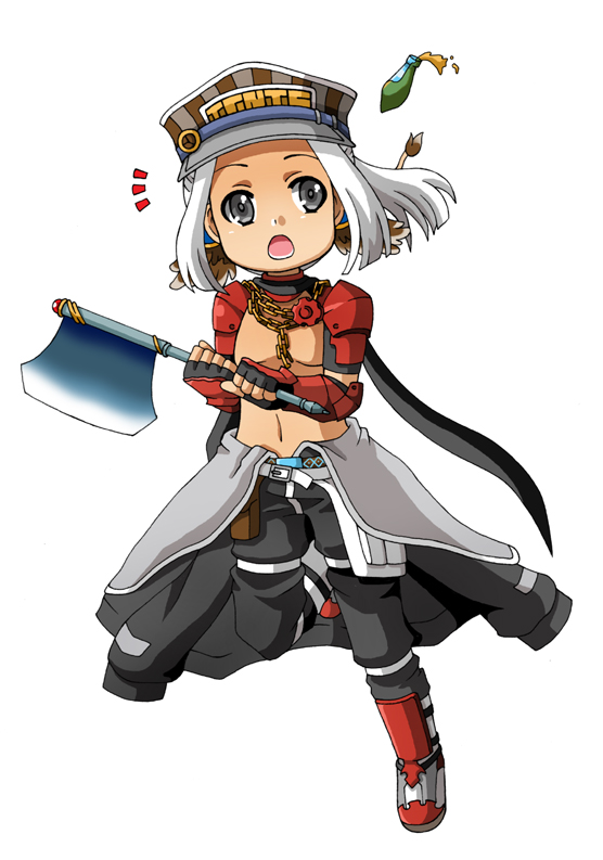 1boy armor armored_boots axe black_gloves boots brown_hat chain chain_necklace commentary_request fingerless_gloves full_body gloves grey_eyes grey_jumpsuit hat holding holding_axe ignis_cap jewelry jumpsuit jumpsuit_around_waist looking_at_viewer male_focus mechanic_(ragnarok_online) molotov_cocktail monou0135 navel necklace notice_lines open_mouth pauldrons ragnarok_online red_armor running short_hair shoulder_armor shrug_(clothing) simple_background solo vambraces white_background white_hair