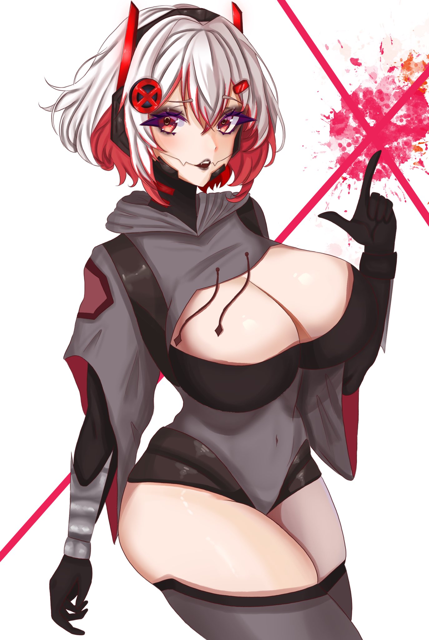 1girl black_gloves breasts cleavage cleavage_cutout clothing_cutout colored_inner_hair covered_navel cropped_hoodie eyelashes gloves grey_hoodie grey_lips grey_thighhighs hair_ornament headgear highres hood hoodie large_breasts multicolored_hair nemuruii parted_lips red_eyes red_hair sinthya_sanguine solo streaked_hair symbol-shaped_pupils thighhighs vallure virtual_youtuber white_hair