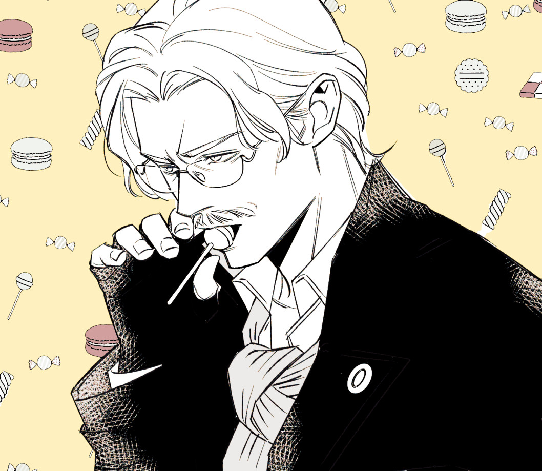 1boy atelier_(series) atelier_ayesha candy collared_shirt commentary_request facial_hair fingerless_gloves food food-themed_background glasses gloves greyscale_with_colored_background hand_up holding holding_candy holding_food holding_lollipop jacket keithgriff_hazeldine kuroo_(k_r_oo) lollipop macaron male_focus mouth_hold mustache old old_man shirt short_hair solo upper_body yellow_background
