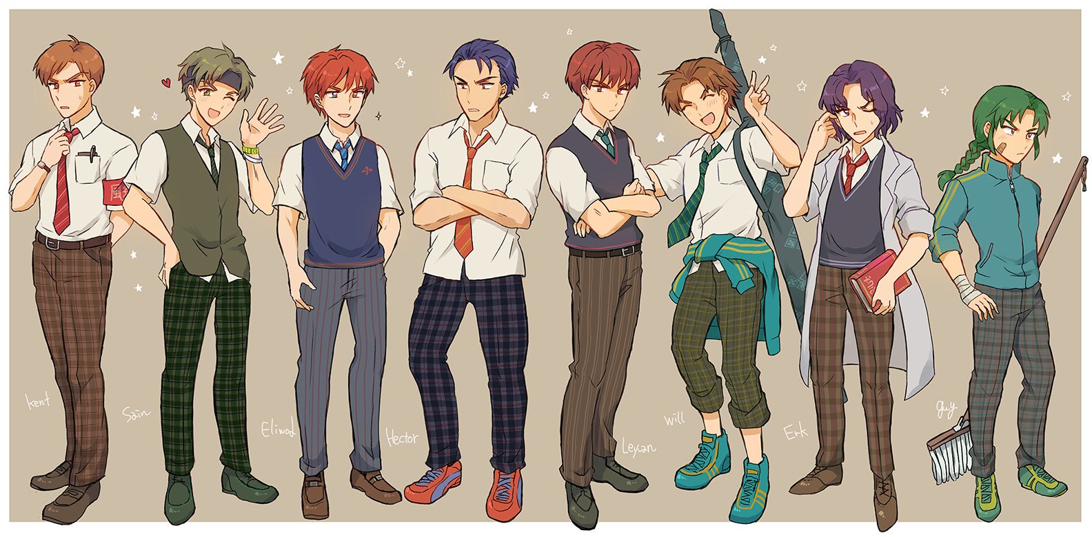 6+boys clothes_around_waist eliwood_(fire_emblem) erk_(fire_emblem) fire_emblem fire_emblem:_the_blazing_blade full_body guy_(fire_emblem) hector_(fire_emblem) jacket jacket_around_waist kent_(fire_emblem) male_focus multiple_boys nintendo sain_(fire_emblem) simple_background