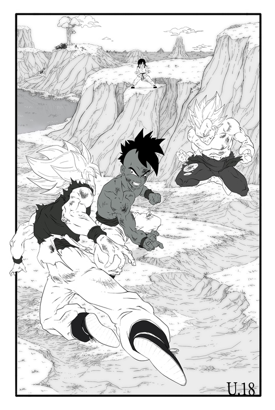 1girl 3boys black_eyes black_hair blonde_hair blood cheering dark-skinned_male dark_skin dragon_ball dragon_ball_multiverse fighting_stance grandfather_and_granddaughter martial_arts master_and_pupil multiple_boys muscular muscular_male pan_(dragon_ball) scratches serious son_goku sparring super_saiyan torn_clothes training uub vegeta