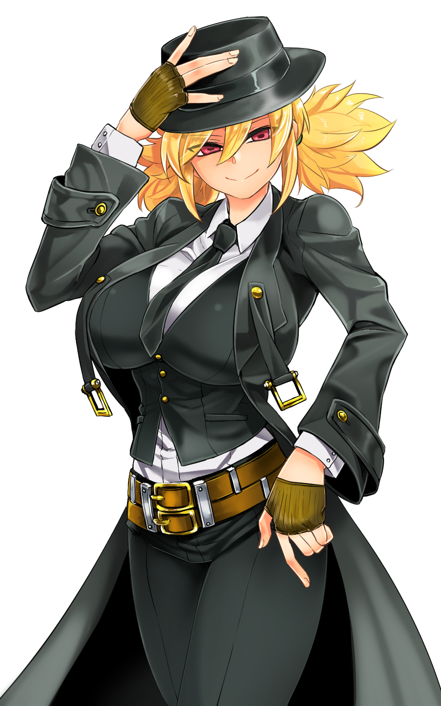 1girl belt black_coat black_hat black_necktie black_pants black_suit black_vest blazblue blonde_hair breasts brown_belt brown_gloves closed_mouth coat collared_shirt commentary_request cosplay cowboy_shot dress_shirt fedora fingerless_gloves formal_clothes gloves hair_between_eyes hand_on_headwear hat hazama hazama_(cosplay) highres komota_(kanyou_shoujo) large_breasts long_sleeves looking_at_viewer multiple_belts necktie pants red_eyes senran_kagura senran_kagura_new_wave shirt simple_background smile solo standing suit trench_coat twintails vest white_background white_shirt yuki_(senran_kagura)
