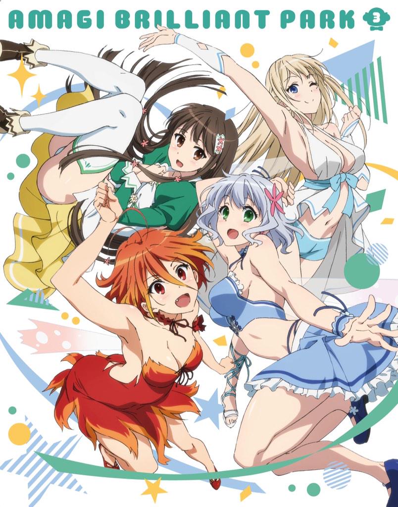 4girls amagi_brilliant_park arm_up armpits blue_eyes blue_hair blue_skirt blush breasts brown_eyes brown_hair cleavage closed_mouth collarbone commentary_request dress fang flower green_eyes hair_flower hair_ornament koborii_(amaburi) large_breasts long_hair looking_at_viewer medium_breasts midriff multiple_girls muse_(amaburi) navel official_art one_eye_closed open_mouth panties pleated_skirt red_dress red_eyes red_hair salama_(amaburi) short_hair skirt smile sylphy_(amaburi) underwear very_long_hair white_panties yellow_skirt