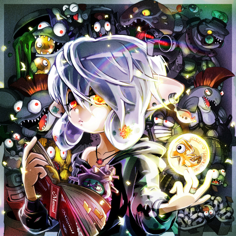 1girl black_robe book border chum_(splatoon) closed_mouth cohock_(splatoon) commentary_request drizzler_(splatoon) earrings flyfish_(splatoon) golden_egg_(splatoon) goldie_(splatoon) grey_border grey_hair griller_(splatoon) hair_between_eyes holding holding_book hood hood_down hooded_robe imomushi_(pixiv_9001433) inkling_girl inkling_player_character jewelry long_sleeves looking_at_viewer maws_(splatoon) necklace nintendo off_shoulder orange_eyes ring robe salmon_run_(splatoon) salmonid scrapper_(splatoon) sharp_teeth smallfry_(splatoon) splatoon_(series) steelhead_(splatoon) stinger_(splatoon) super_sea_snail teeth