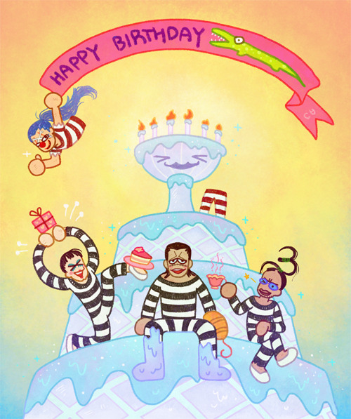&gt;_&lt; 4boys beard_stubble black_hair blue-tinted_eyewear blue_hair bon_clay buggy_the_clown cake cake_slice candle chibi commentary crocodile_(one_piece) crossed_legs cup english_commentary facial_hair food galdino gift glasses hair_slicked_back happy_birthday holding holding_cup holding_gift hook_hand makeup male_focus multiple_boys one_eye_closed one_piece pikaole ponytail prison_clothes red_nose smile stitched_face stitches stubble tinted_eyewear