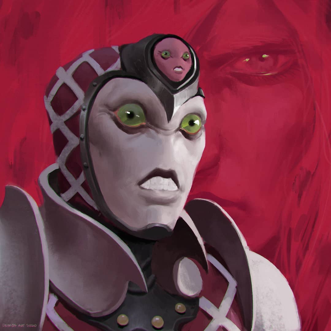 1boy 1other argyle clenched_teeth colored_sclera deimos_art diavolo extra_faces green_sclera jojo_no_kimyou_na_bouken king_crimson_(stand) looking_at_viewer looking_to_the_side parted_lips red_background red_theme stand_(jojo) teeth vento_aureo