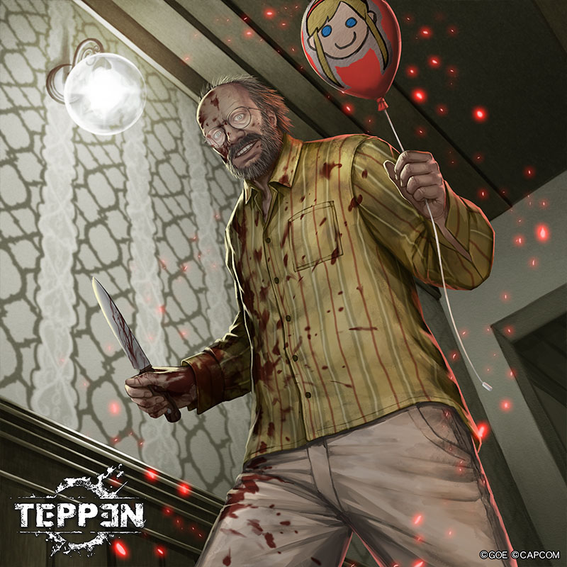 1boy balding ballon beard blood blue_eyes capcom denim facial_hair flannel grey_hair hallway hinata_gureko horror_(theme) jack_baker jeans kitchen_knife knife looking_at_viewer monster_boy mustache official_art pants remake resident_evil resident_evil_2 resident_evil_2_(remake) resident_evil_7:_biohazard sherry_birkin smile teppen weapon