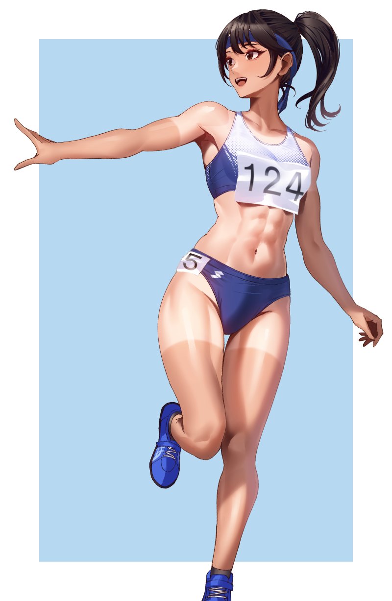 1girl abs buruma headband highres midriff navel original ponytail shoes sneakers tan tanline toned toned_female volyz