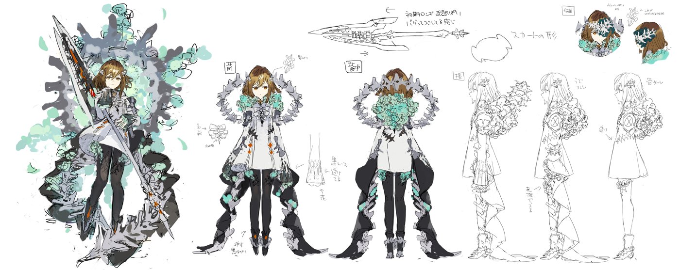 1girl black_pantyhose brown_hair reference_sheet dress flower from_behind from_side full_body green_flower hair_between_eyes hair_ornament holding holding_polearm holding_weapon integral_killer_(phantom_of_the_kill) longinus_(phantom_of_the_kill) official_alternate_costume official_art pantyhose phantom_of_the_kill polearm second-party_source simple_background spear standing straight-on weapon white_background white_dress