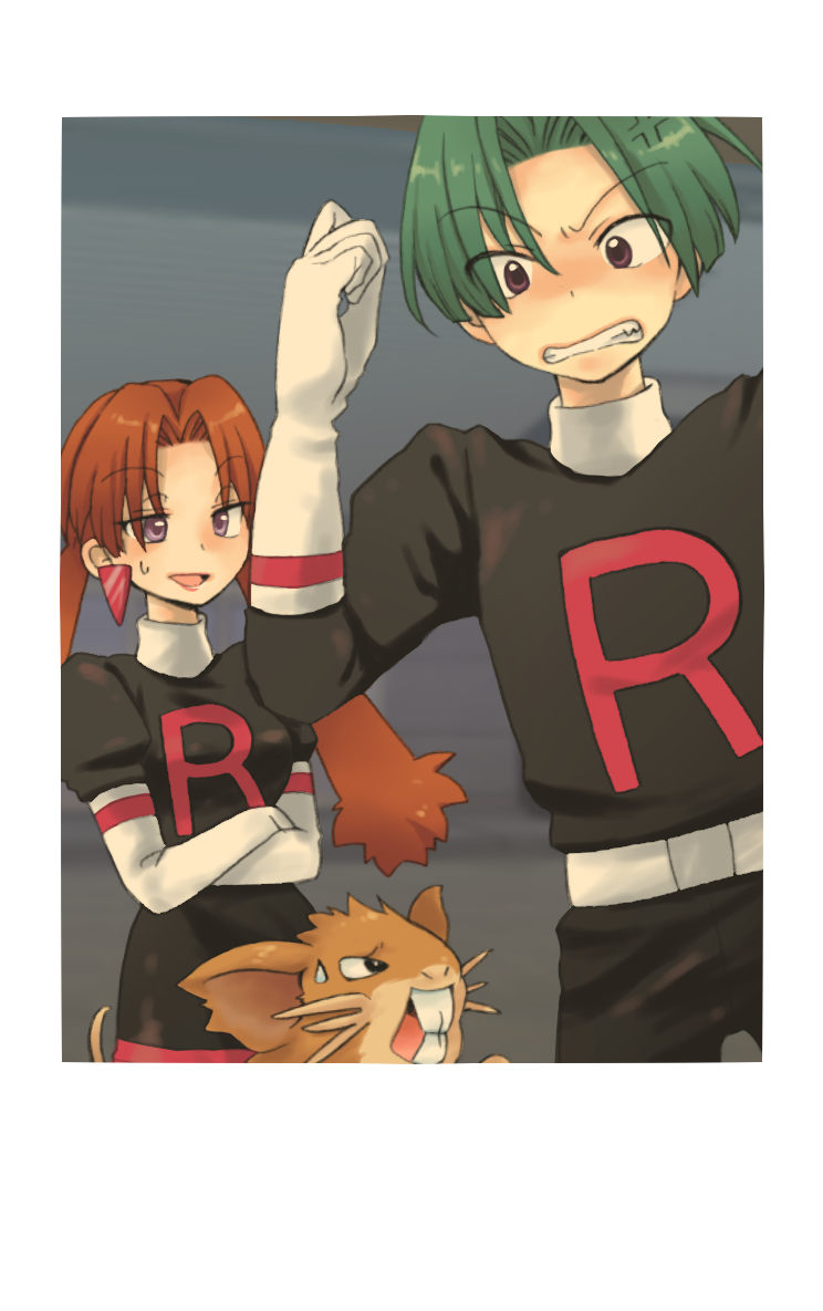 1boy 1girl :d anger_vein belt belt_buckle black_dress black_jacket black_pants border brown_eyes brown_hair buckle butch_(pokemon) cassidy_(pokemon) clenched_teeth commentary_request crossed_arms curtained_hair dress earrings eiki_(yumekapu) elbow_gloves gen_1_pokemon gloves jacket jewelry logo long_hair nintendo open_mouth pants pokemon pokemon_(anime) pokemon_(classic_anime) raticate smile sweatdrop team_rocket team_rocket_uniform teeth twintails white_belt white_border white_gloves