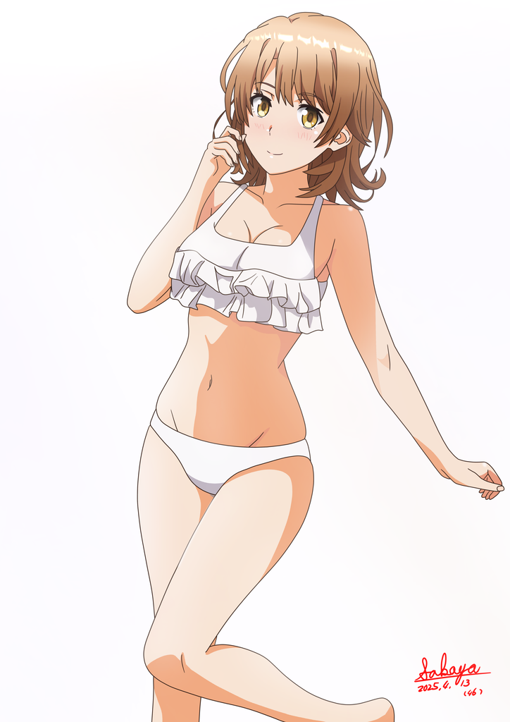 1girl artist_name bikini breasts brown_eyes brown_hair cleavage commentary_request dated frilled_bikini_top isshiki_iroha medium_breasts navel sakayaya short_hair simple_background smile solo stomach swimsuit white_background white_bikini yahari_ore_no_seishun_lovecome_wa_machigatteiru.