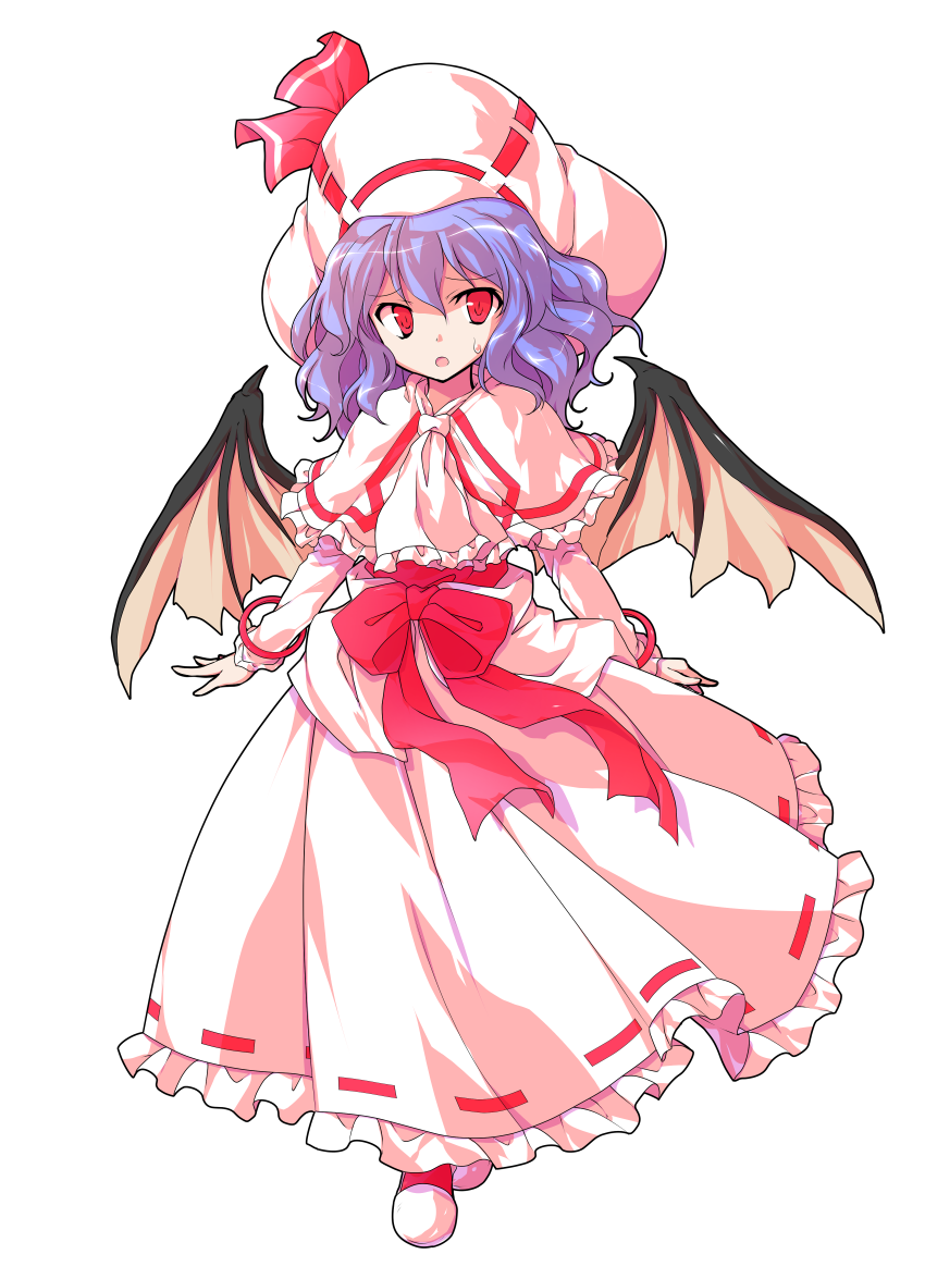 1girl :o arms_at_sides ascot bat_wings bow capelet commentary_request curiosities_of_lotus_asia dairi dress dress_bow dress_ribbon frilled_ascot frilled_capelet frilled_dress frills full_body hat hat_bow large_variant_set long_hair long_sleeves looking_at_viewer parted_lips pink_ascot pink_capelet pink_dress pink_shoes purple_hair raised_inner_eyebrows red_bow red_eyes red_ribbon red_socks remilia_scarlet ribbon ribbon-trimmed_dress ribbon_trim shoes simple_background socks solo straight-on sweatdrop tachi-e touhou transparent_background variant_set walking wavy_hair wings