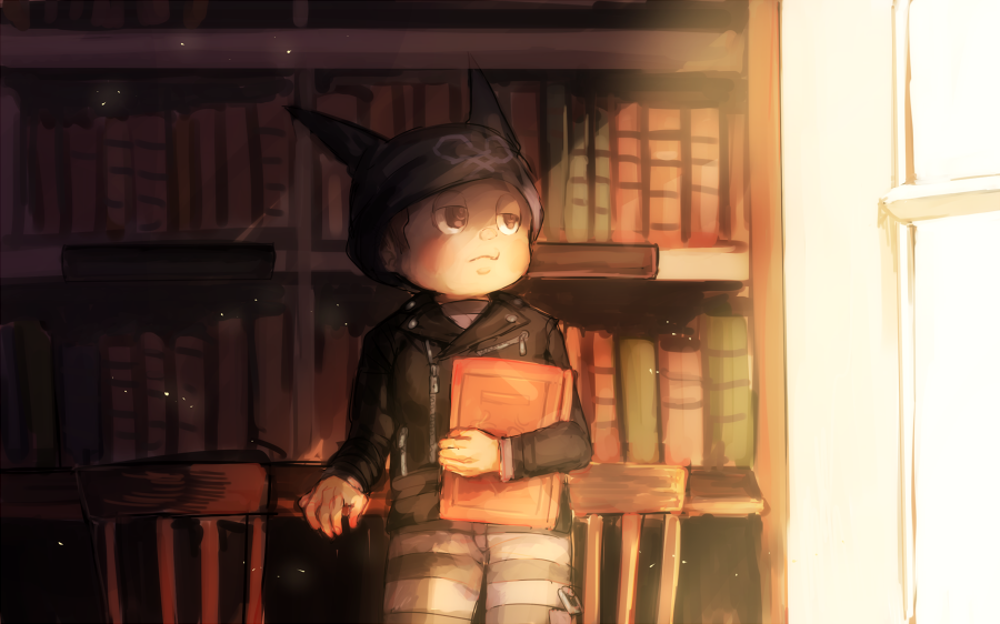1boy animal_ear_headwear animal_ears arm_on_table beanie belt black_belt black_eyes black_hat black_jacket black_jumpsuit black_sleeves blue_jumpsuit book buttons cat_ears chair close_game/offline_(project_sekai) collared_jacket commentary_request cowboy_shot danganronpa_(series) danganronpa_v3:_killing_harmony fake_animal_ears frown half-closed_eyes hat holding holding_book hoshi_ryoma indoors jacket jumpsuit kogarashi_8 layered_sleeves leaning leaning_on_table leather leather_jacket light_blush long_sleeves looking_outside male_focus partial_commentary prison_clothes solo striped_jumpsuit sunlight two-tone_jumpsuit wavy_mouth window zipper zipper_pull_tab