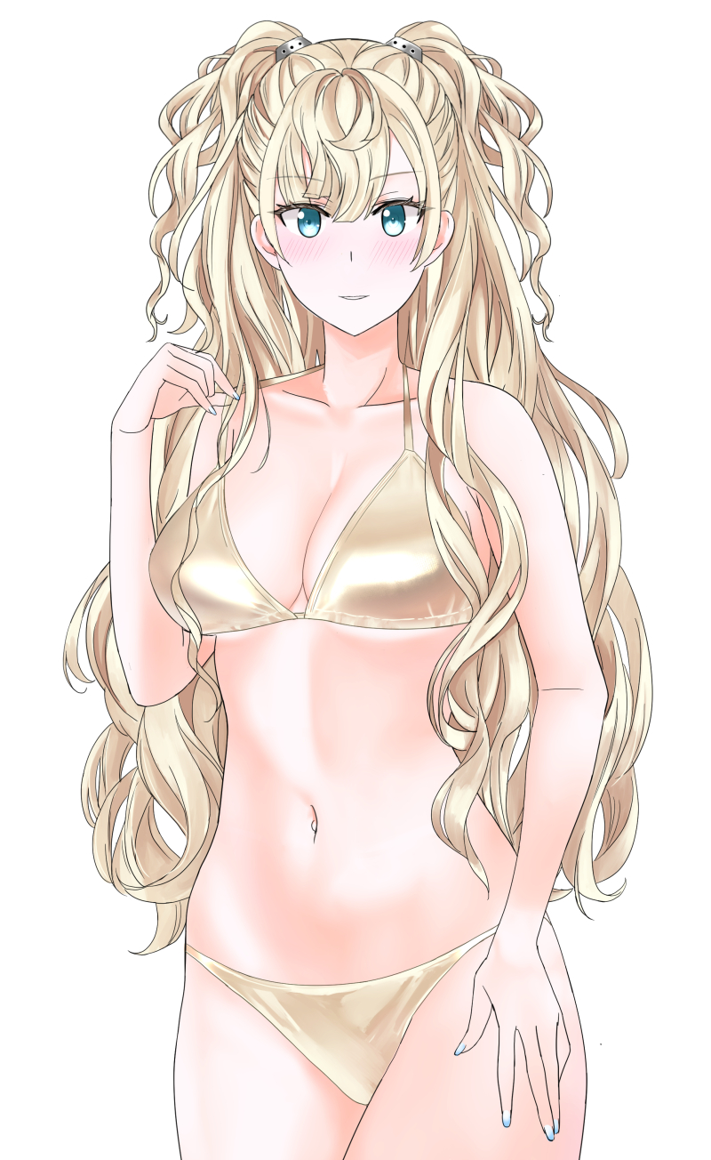 1girl bikini blonde_hair blue_eyes breasts cleavage collarbone commentary cowboy_shot gold_bikini highres kantai_collection large_breasts looking_at_viewer minneapolis_(kancolle) navel simple_background smile solo swimsuit takase_asagiri wavy_hair white_background