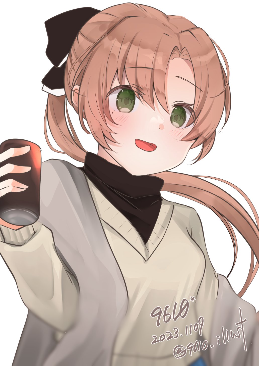 1girl 9610_(kuroto) akigumo_(kancolle) akigumo_kai_ni_(comiket)_(kancolle) akigumo_kai_ni_(kancolle) artist_name brown_hair can canned_coffee dated drink_can green_eyes hair_ribbon highres kantai_collection layered_clothes long_hair mole mole_under_eye official_alternate_costume one-hour_drawing_challenge ribbon simple_background solo sweater twitter_username white_background white_sweater