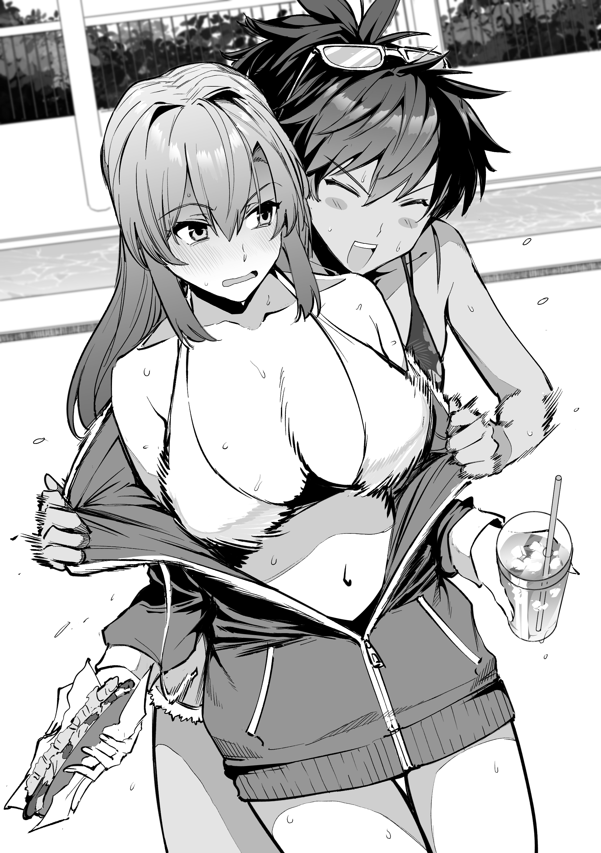 2girls absurdres assisted_exposure bikini blush blush_stickers breasts cleavage closed_eyes collarbone commentary_request cowboy_shot cup disposable_cup drink drinking_straw etou_minato eyewear_on_head food greyscale hair_between_eyes highres holding holding_cup holding_drink holding_food jacket juujou_kagari large_breasts long_hair long_sleeves looking_at_another monochrome multiple_girls navel off_shoulder open_mouth partially_unzipped ponytail smile standing stomach sunglasses sweat swimsuit toji_no_miko undressing_another v-shaped_eyebrows yamamoto_kichiko
