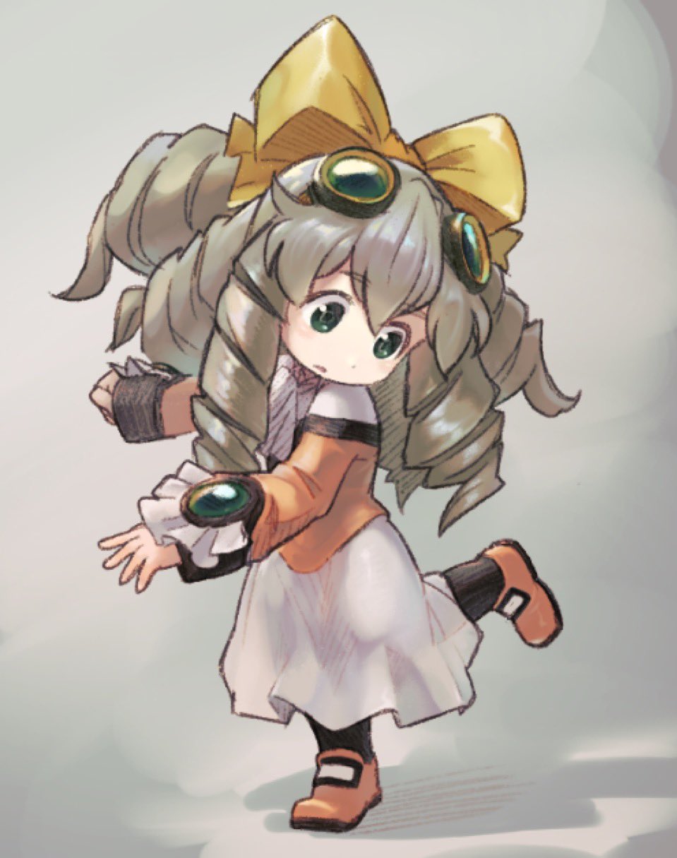 1girl bow chibi dress drill_hair full_body goggles goggles_on_head green_eyes grey_hair highres long_hair maria_balthasar quad_drills reiesu_(reis) solo standing standing_on_one_leg xenogears yellow_bow