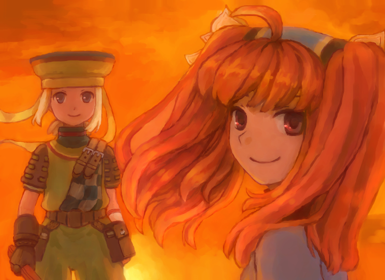 1boy 1girl ahoge brown_gloves dewprism gloves green_hat green_pants green_shirt grey_eyes hat holding long_hair looking_at_viewer looking_back mint_(dewprism) orange_background orange_hair orange_theme pants red_eyes rue_(dewprism) shirt short_hair sidelocks smile twintails ujf2030 white_hair