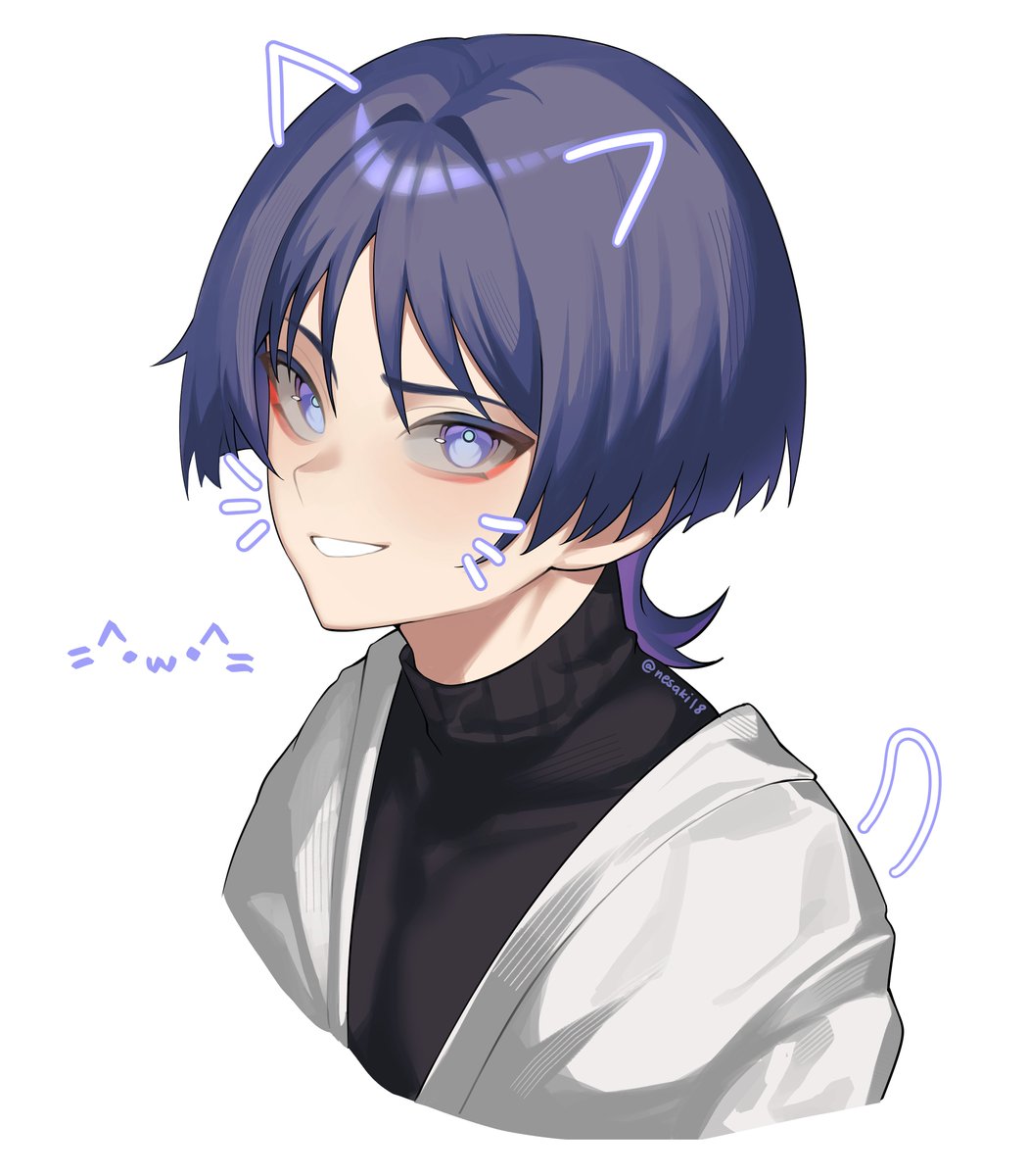 1boy black_sweater blunt_ends bright_pupils covered_pectorals cropped_torso drawn_ears drawn_tail drawn_whiskers eyeliner eyeshadow face_filter genshin_impact highres japanese_clothes kimono looking_at_viewer makeup male_focus nesaki open_clothes open_kimono open_mouth pectorals purple_eyes purple_hair red_eyeliner red_eyeshadow ribbed_collar scaramouche_(genshin_impact) smile solo sweater three_quarter_view toned toned_male turtleneck turtleneck_sweater twitter_username wanderer_(genshin_impact) white_background white_kimono white_mouth white_pupils white_sleeves