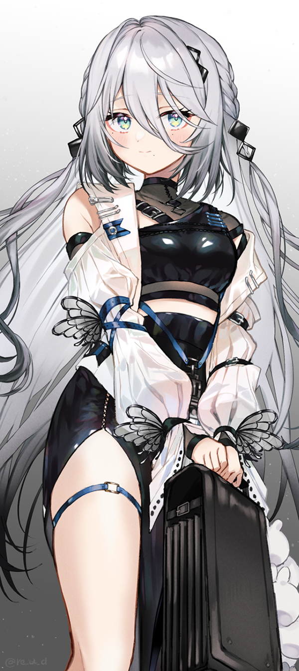 1girl asymmetrical_clothes black_choker black_hair black_skirt blue_eyes blush braid breasts butterfly_ornament choker gradient_hair hair_between_eyes hair_ornament highres id_card jacket light_smile long_hair long_hair_between_eyes long_sleeves medium_breasts mole mole_under_eye mole_under_mouth multicolored_hair multiple_moles nijisanji open_clothes open_jacket pencil_skirt re_u_d side_slit skirt sleeves_past_fingers sleeves_past_wrists solo sophia_valentine sophia_valentine_(1st_costume) triangle_hair_ornament twin_braids twitter_username very_long_hair virtual_youtuber watermark white_hair