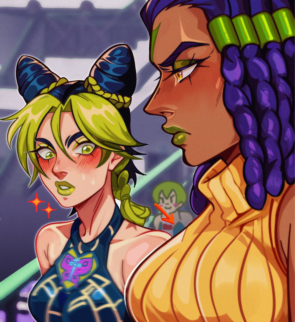 3girls arizuume birthmark black_hair blue_tank_top blush braid braided_bun braided_ponytail breasts commentary cone_hair_bun dark-skinned_female dark_skin double_bun dreadlocks english_commentary ermes_costello facial_mark foo_fighters_(jojo) girl_staring_at_guy&#039;s_chest_(meme) green_eyes green_hair green_lips hair_bun halterneck heart_ornament joestar_birthmark jojo_no_kimyou_na_bouken kuujou_jolyne large_breasts looking_at_another makeup medium_breasts meme multicolored_hair multiple_girls purple_hair ribbed_sweater sleeveless sleeveless_sweater sleeveless_turtleneck sparkle spider_web_print stone_ocean sweatdrop sweater tank_top turtleneck turtleneck_sweater two-tone_hair yellow_eyes yellow_sweater