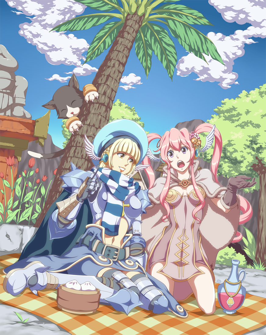 2girls alternate_color arched_bangs armor black_cat blonde_hair blue_cape blue_hat blue_scarf blunt_bangs boobplate breastplate breasts brown_dress brown_gloves cape cat cloud cokeboy commentary day dress english_commentary feathered_wings flower food full_body fur-trimmed_cape fur-trimmed_gloves fur_trim gauntlets gloves grey_cape grey_thighhighs grin hat head_wings high_wizard_(ragnarok_online) long_hair looking_at_another looking_to_the_side medium_breasts multiple_girls open_mouth outdoors paladin_(ragnarok_online) pauldrons picnic picnic_blanket pink_hair potion purple_eyes ragnarok_online red_flower red_tulip scarf short_dress short_hair shoulder_armor smile steamed_bun striped_clothes striped_scarf thighhighs tree tulip twintails waist_cape white_scarf white_wings wings yellow_eyes