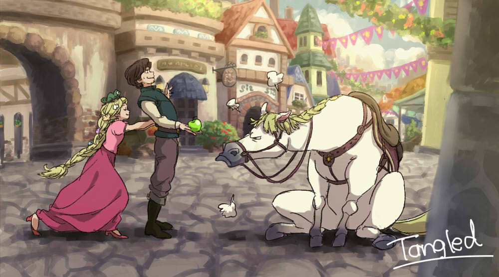 1boy 1girl annoyed apple bad_id bad_pixiv_id blonde_hair braid brown_hair copyright_name disney dress flynn_rider food fruit horse long_hair maximus_(tangled) nervous pascal_(tangled) pink_dress profile rapunzel_(disney) rapunzel_(fairy_tale) road single_braid sitting street tangled very_long_hair village yodaredato