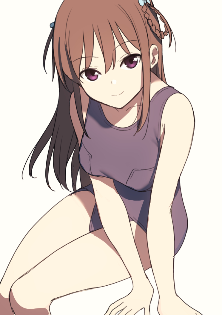 1girl 22/7 blue_bow blue_one-piece_swimsuit bow braid braided_hair_rings brown_hair closed_mouth collarbone feet_out_of_frame from_above hair_bow hair_rings long_hair looking_at_viewer nagareboshi old_school_swimsuit one-piece_swimsuit purple_eyes school_swimsuit simple_background sitting smile solo swimsuit tachikawa_ayaka twin_braids two_side_up white_background