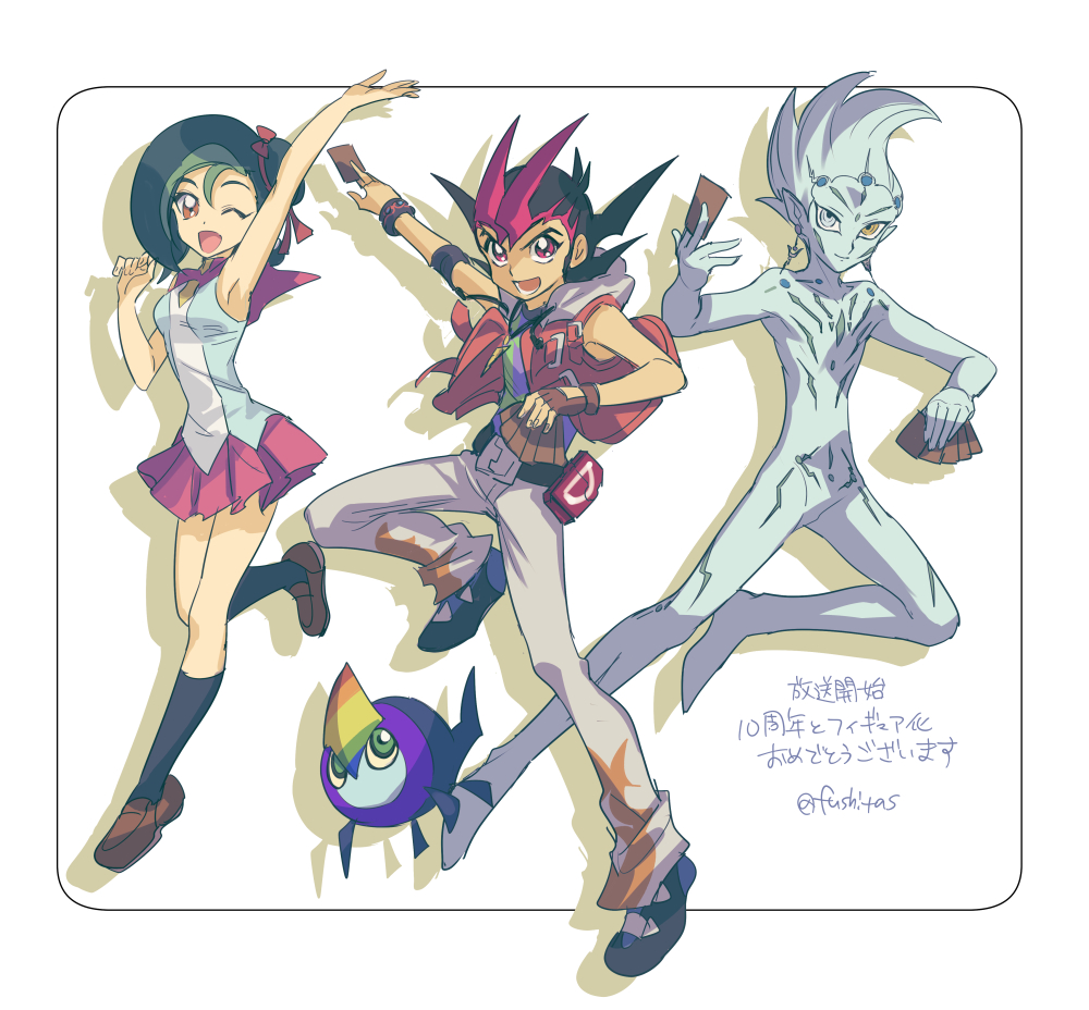 1girl 2boys arm_up astral_(yu-gi-oh!) card duel_monster fingerless_gloves full_body fushitasu gloves green_eyes holding holding_card hood hood_down jacket mizuki_kotori_(yu-gi-oh!) multiple_boys one_eye_closed open_mouth pants rainbow_kuriboh red_jacket short_hair single_fingerless_glove translation_request tsukumo_yuma white_background white_pants yu-gi-oh! yu-gi-oh!_zexal