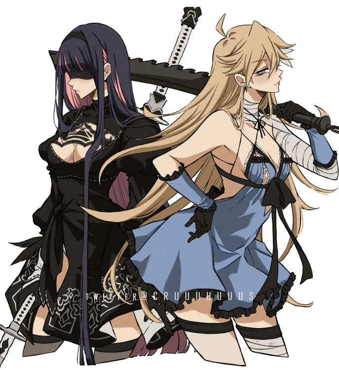 2b_(nier:automata) 2b_(nier:automata)_(cosplay) 2girls ahoge bandaged_arm bandaged_leg bandaged_neck bandages black_dress black_gloves blindfold blonde_hair blue_dress blue_eyes blue_hair breasts chest_belt cleavage cleavage_cutout clothing_cutout colored_inner_hair cosplay criis-chan detached_sleeves dress expressionless gloves hand_on_own_hip holding holding_sword holding_weapon kaine_(nier) kaine_(nier)_(cosplay) looking_at_viewer medium_breasts multicolored_hair multiple_girls nier:automata nier_(series) panty_&amp;_stocking_with_garterbelt panty_(psg) pink_hair simple_background stocking_(psg) sword thighhighs weapon white_background
