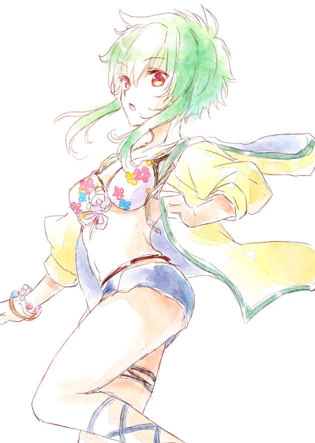 1girl asellus_(saga_frontier) bikini bikini_top_only bracelet breasts cross-laced_clothes cross-laced_legwear green_hair hood hoodie jewelry looking_at_viewer medium_breasts no_s open_mouth saga saga_frontier short_hair shorts simple_background solo swimsuit white_background