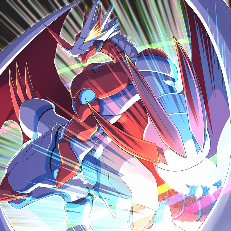 canoweissmon claws colored_skin commentary_request digimon digimon_(creature) digimon_ghost_game dragon gerukizoku glowing glowing_eyes horns light_rays missing_commentary motion_lines no_humans red_skin red_wings solo speed_lines white_skin white_wings wings yellow_eyes