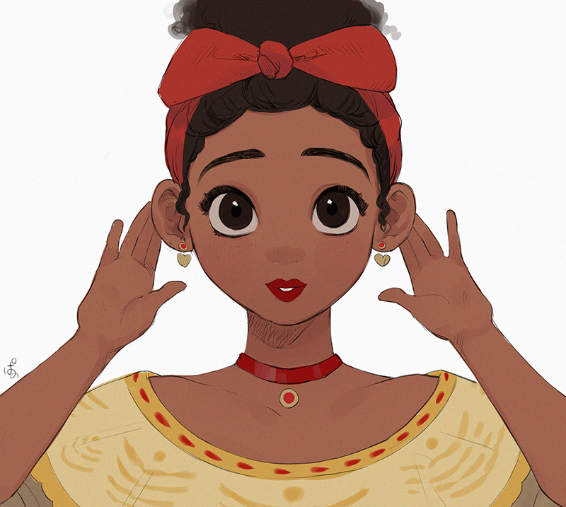 1girl bow brown_eyes brown_hair choker curly_hair dark-skinned_female dark_skin dolores_madrigal dress earrings encanto hair_bow jewelry pano_(mohayayamai) red_bow red_choker shirt simple_background skirt solo very_dark_skin