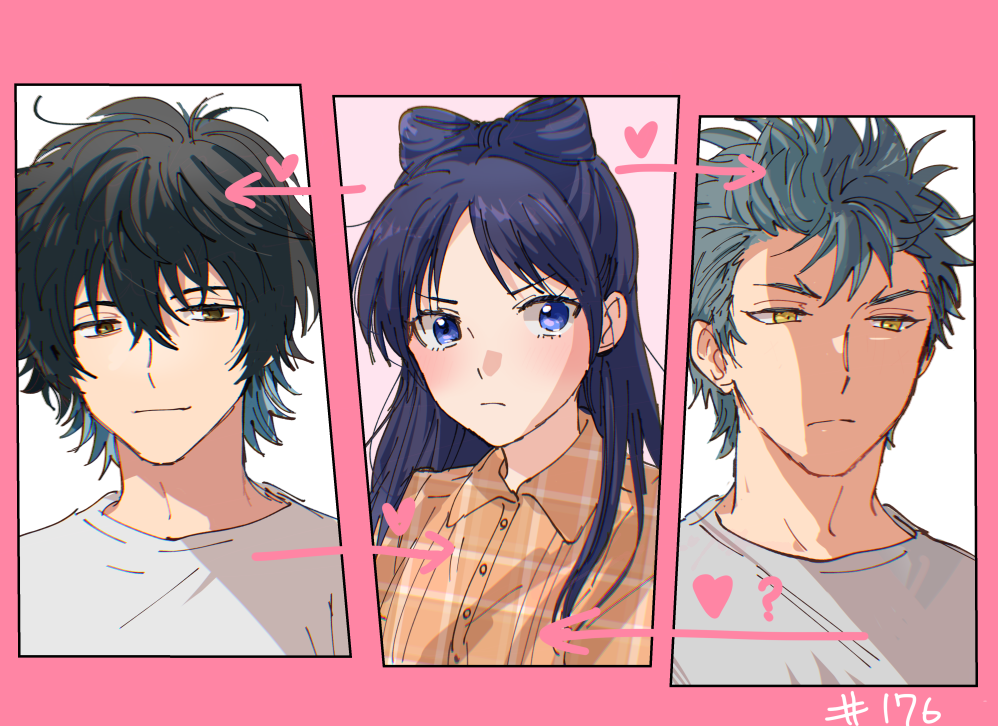 1girl 2boys black_hair blue_eyes grey_hair hair_between_eyes hetero hinata_(ryohinata) light_frown long_hair magami_keigo messy_hair miyao_nemu multiple_boys orange_shirt pink_background shirt t-shirt white_shirt witch_watch wolf_(witch_watch) yellow_eyes