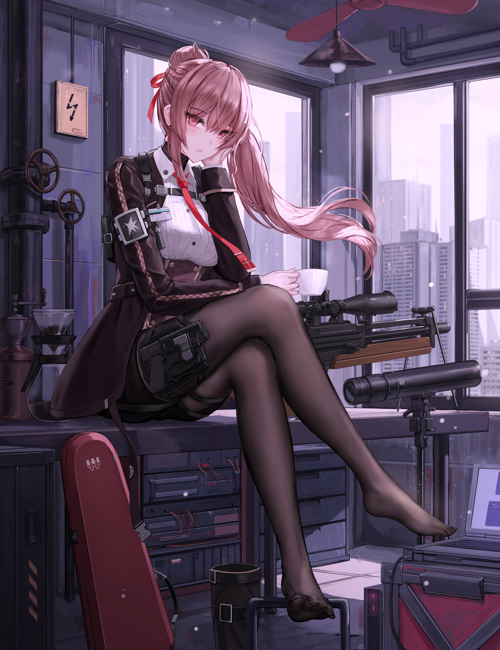 1girl black_jacket black_pantyhose blush braid breasts building bullpup buttons ceiling_fan ceiling_light coffee_grinder coffee_maker coffee_mug collared_shirt commentary computer crossed_legs cup english_commentary feet full_body girls'_frontline girls'_frontline_2:_exilium glock gun hair_between_eyes hair_ribbon half_up_braid hand_on_own_face hand_up handgun highres holding holding_cup holster id_card indoors industrial_pipe instrument_case jacket laptop large_breasts light_particles looking_at_viewer makiatto_(girls'_frontline_2) mug necktie no_shoes on_table open_mouth pantyhose ponytail purple_hair red_eyes red_necktie ribbon rifle shirt sitting skyscraper sniper_rifle solo striped_clothes striped_shirt table telescope thigh_holster thigh_strap valve vertical-striped_clothes vertical-striped_shirt wa2000_(girls'_frontline) walkie-talkie walther walther_wa_2000 weapon white_shirt window yuzuriha_(atelier_liang)