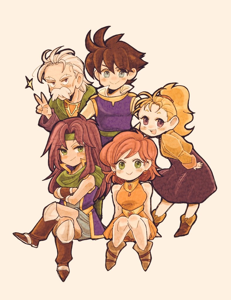 2boys 3girls bartz_klauser blonde_hair blue_eyes boots brown_hair earrings facial_hair faris_scherwiz final_fantasy final_fantasy_v friends galuf_halm_baldesion grandfather_and_granddaughter green_eyes grey_hair jewelry krile_mayer_baldesion_(ff5) multiple_boys multiple_girls pink_hair purple_hair saitou_piyoko scarf siblings simple_background sisters smile star_(symbol) team