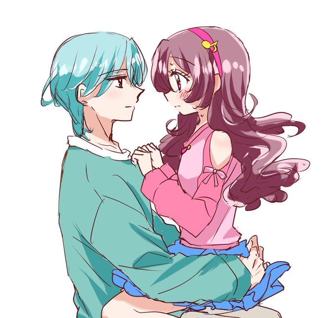 1boy 1girl bare_shoulders biwako_(biwa27) blush couple denim denim_skirt facing_to_the_side green_eyes green_hair green_shirt hands_on_another&#039;s_ass hands_on_another&#039;s_chest headband hibiki_kaito jaw jawbone kimi_to_idol_precure long_hair long_sleeves looking_at_another mature_male nervous nervous_sweating parted_bangs precure red_eyes ribbon sakura_uta_(precure) shirt short_hair sitting sitting_on_lap sitting_on_person skirt sweat sweatdrop upper_body