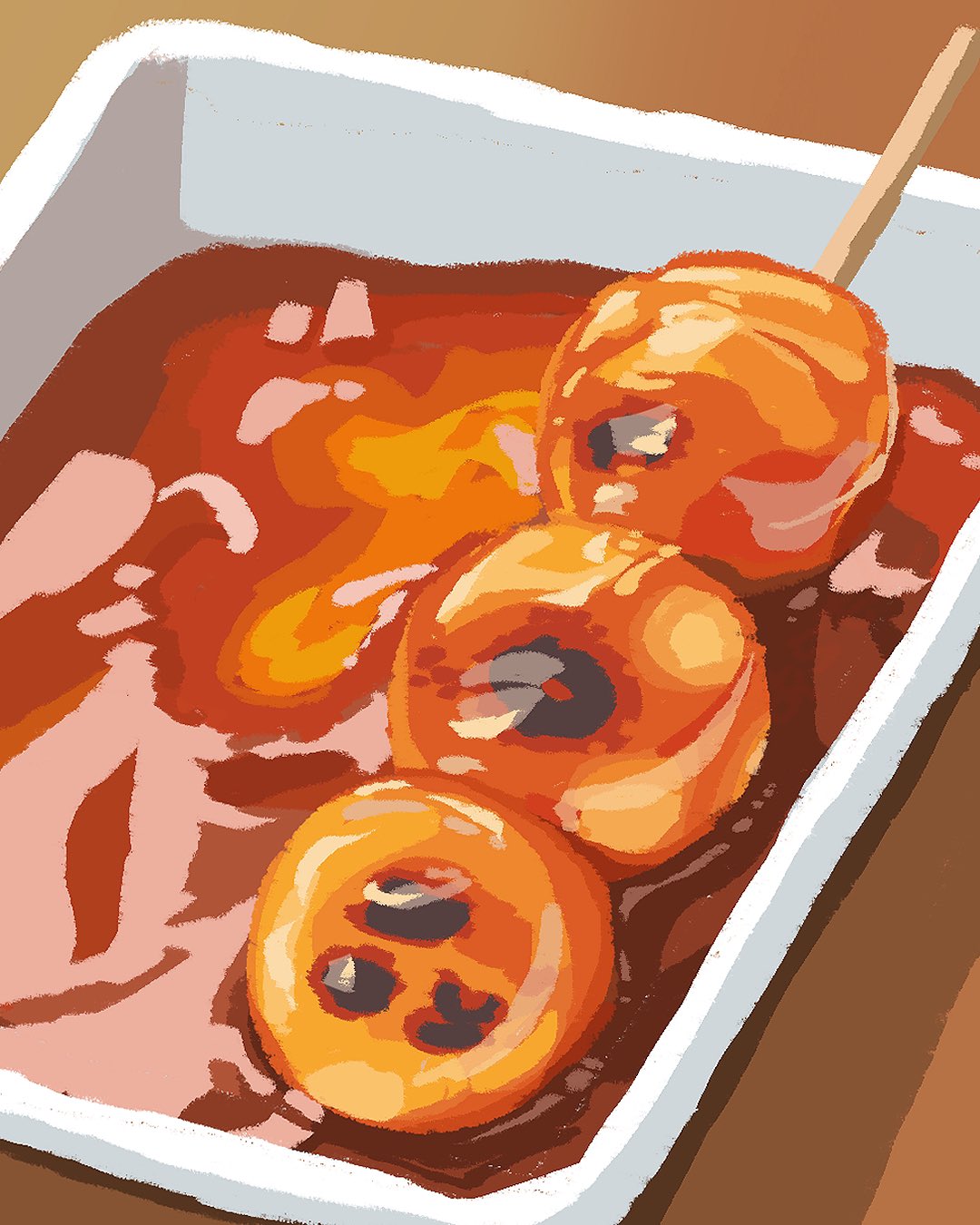commentary dango food food_focus highres miclot mitarashi_dango no_humans original skewer soy_sauce still_life symbol-only_commentary tray wagashi